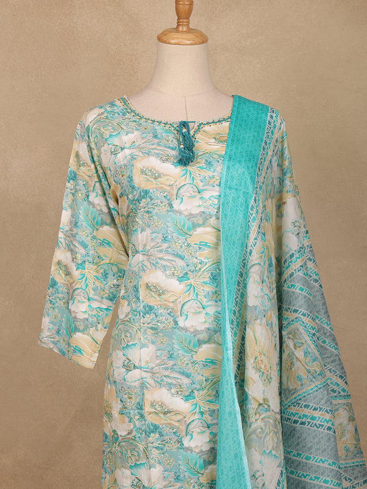 Seafoam Green Floral Design Printed Cotton Salwar Suit - Diadem