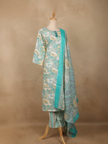 Seafoam Green Floral Design Printed Cotton Salwar Suit - Diadem