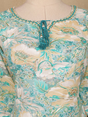 Seafoam Green Floral Design Printed Cotton Salwar Suit - Diadem