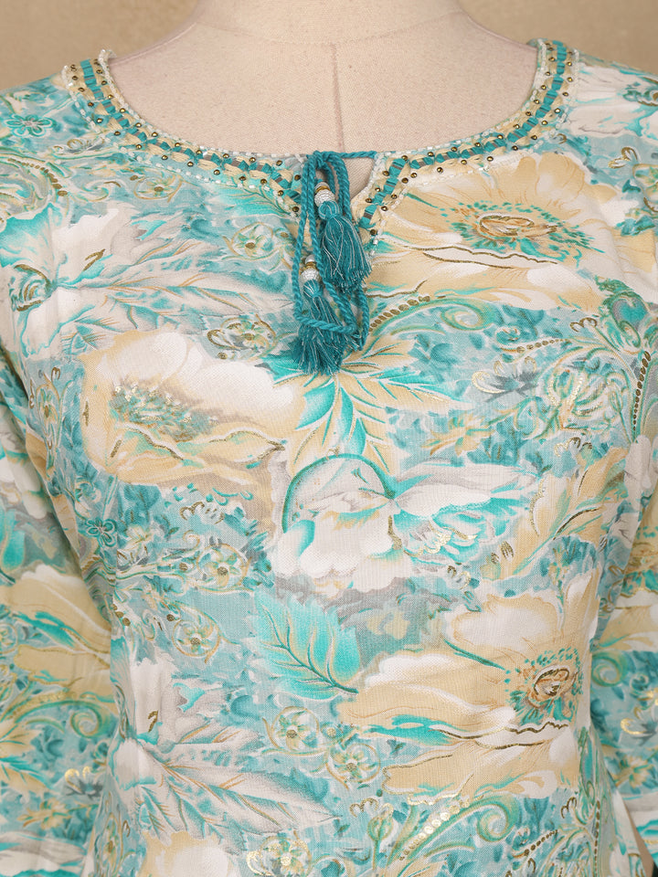 Seafoam Green Floral Design Printed Cotton Salwar Suit - Diadem