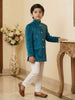 Peacock Blue Velvet Indo-Western Kids Sherwani With Horse Embellished Shoulder
