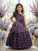 Dark Purple 3D Floral Layered One-Shoulder Satin Kids Gown