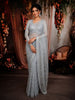 Silver Blue Heavy Sequins and  Beads Embroidered Design Net Party Wear Saree with Matching Stitched Full Sleeve Designer Blouse