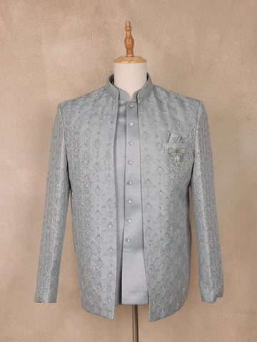Silver Grey Beads Embroidered Jacquard Men's Suit With Chain Brooch Detailing - Diadem