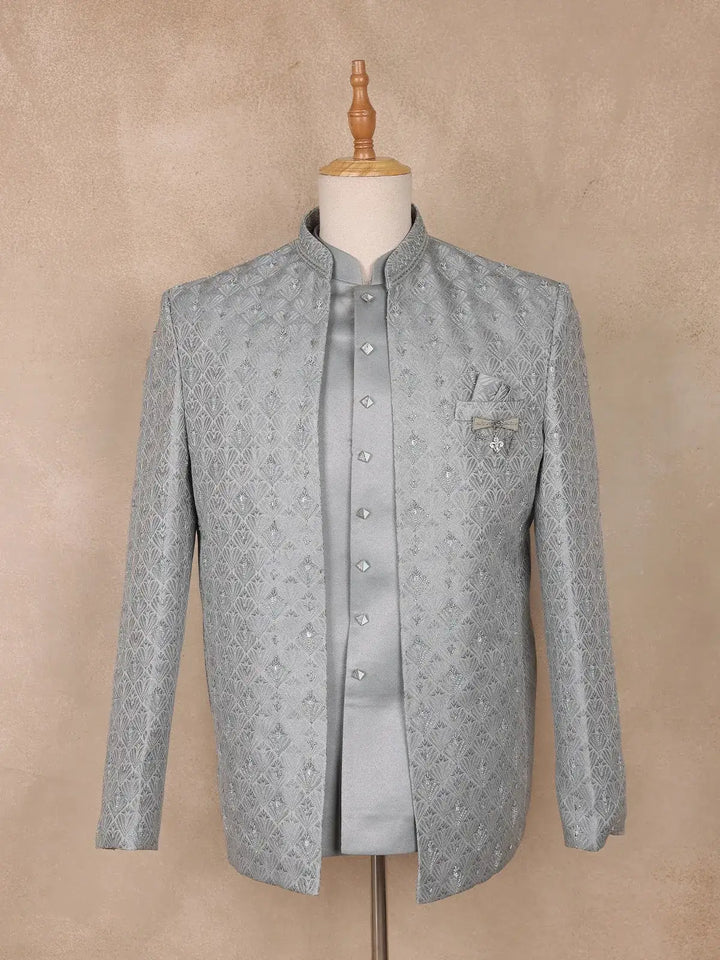 Silver Grey Beads Embroidered Jacquard Men's Suit With Chain Brooch Detailing - Diadem