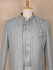 Silver Grey Beads Embroidered Jacquard Men's Suit With Chain Brooch Detailing - Diadem