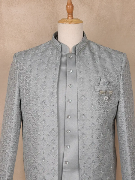 Silver Grey Beads Embroidered Jacquard Men's Suit With Chain Brooch Detailing - Diadem
