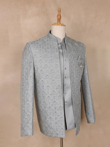 Silver Grey Beads Embroidered Jacquard Men's Suit With Chain Brooch Detailing - Diadem