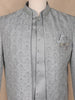 Silver Grey Beads Embroidered Jacquard Men's Suit With Chain Brooch Detailing - Diadem