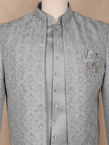 Silver Grey Beads Embroidered Jacquard Men's Suit With Chain Brooch Detailing - Diadem