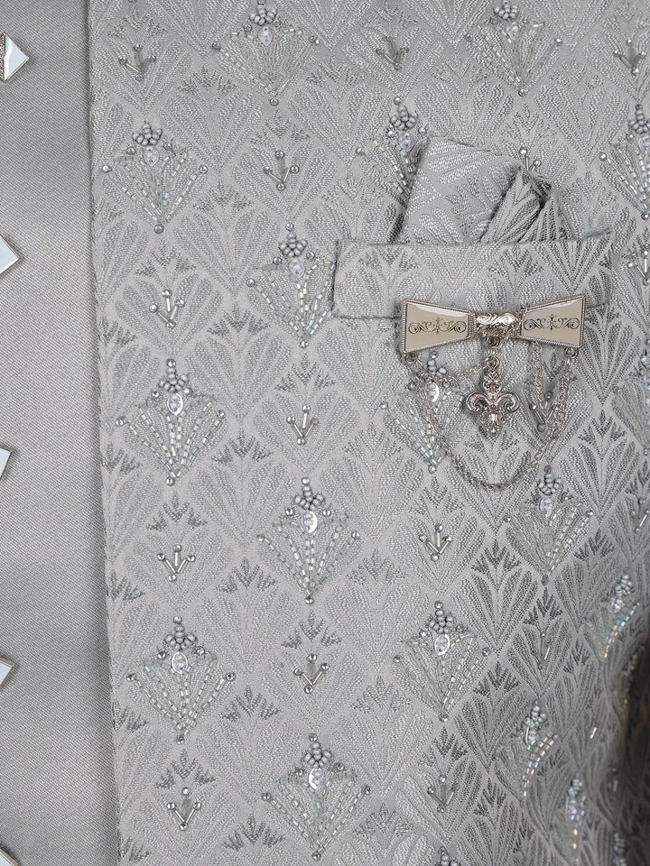 Silver Grey Beads Embroidered Jacquard Men's Suit With Chain Brooch Detailing - Diadem