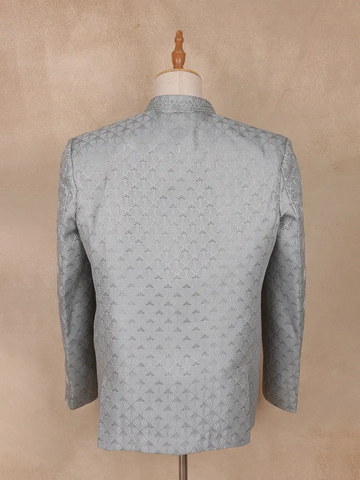 Silver Grey Beads Embroidered Jacquard Men's Suit With Chain Brooch Detailing - Diadem