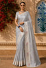 Silver Grey Floral Thread Embroidered Design Pure Organza Saree with Floral Border