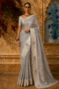 Silver Grey Floral Thread Embroidered Design Pure Organza Saree with Floral Border