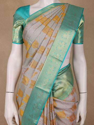 Silver Grey Floral Woven Pure Kanchipuram Silk Saree - Diadem