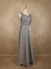 Silver Grey Glitter Embellished Design Net Party Wear Gown with Waist Belt