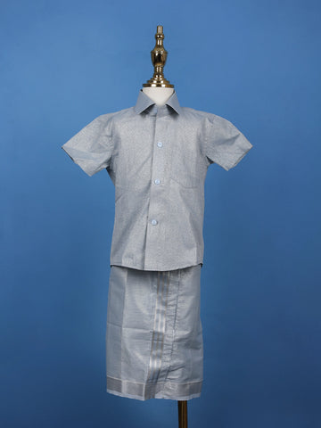 Silver Grey Silk Dhoti With Matching Half Sleeve Shirt - Diadem