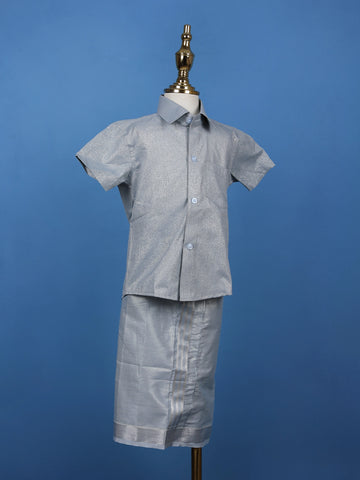 Silver Grey Silk Dhoti With Matching Half Sleeve Shirt - Diadem