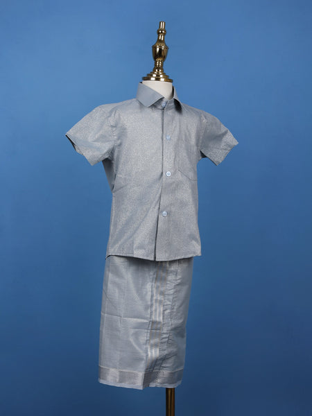 Silver Grey Silk Dhoti With Matching Half Sleeve Shirt - Diadem