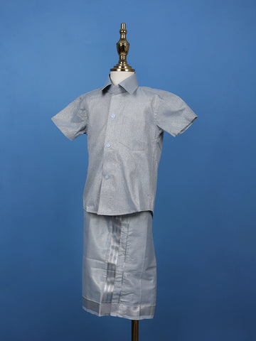 Silver Grey Silk Dhoti With Matching Half Sleeve Shirt - Diadem