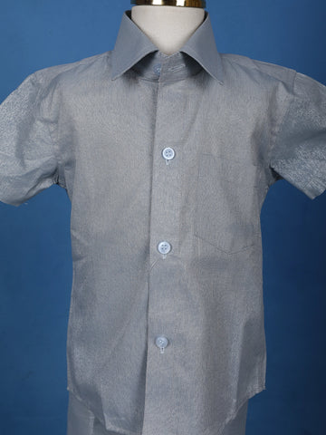 Silver Grey Silk Dhoti With Matching Half Sleeve Shirt - Diadem