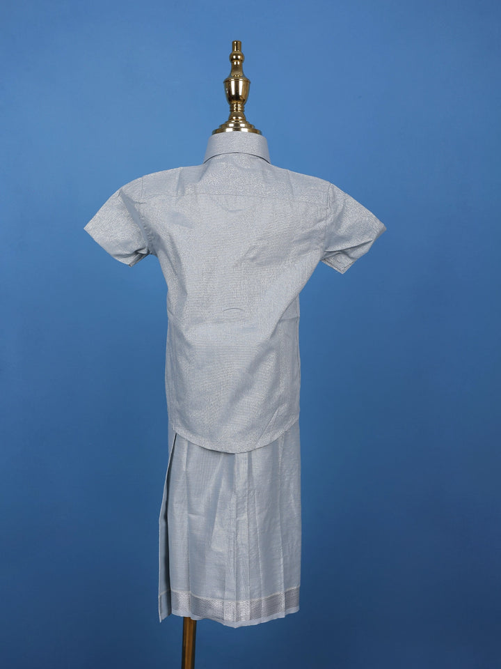 Silver Grey Silk Dhoti With Matching Half Sleeve Shirt - Diadem