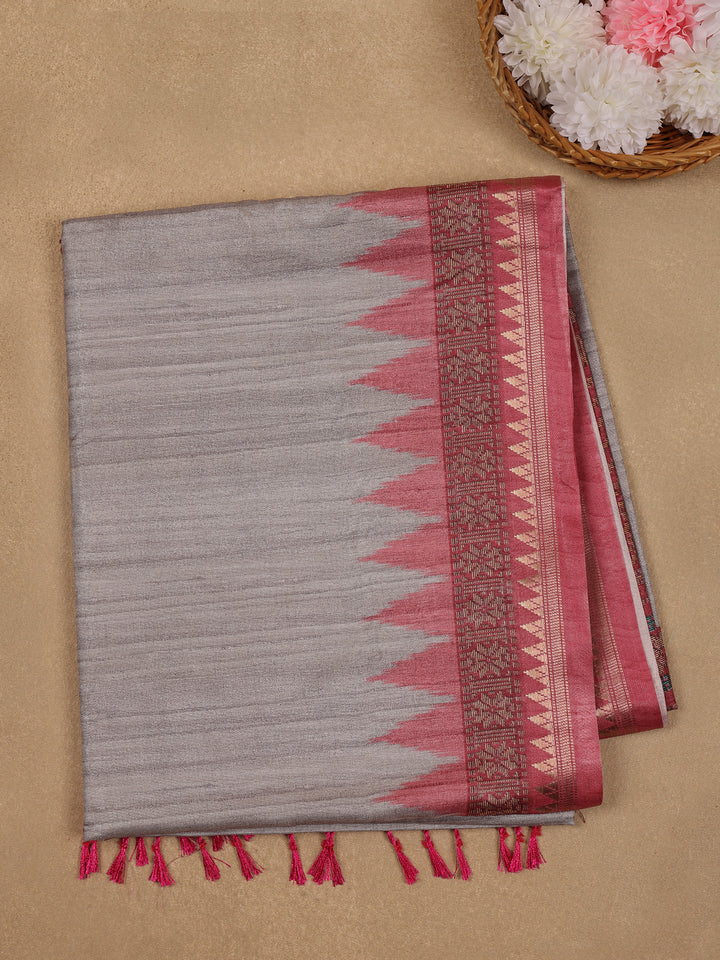 Silver Grey Solid Designed Semi Tussar Saree - Diadem