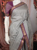 Silver Grey horizontal Striped Zari Woven Design Pure Kanchipuram Silk Saree with Contrast Zari Border