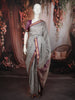 Silver Grey horizontal Striped Zari Woven Design Pure Kanchipuram Silk Saree with Contrast Zari Border