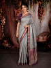Silver Grey horizontal Striped Zari Woven Design Pure Kanchipuram Silk Saree with Contrast Zari Border