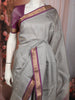Silver Grey horizontal Striped Zari Woven Design Pure Kanchipuram Silk Saree with Contrast Zari Border