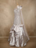 Silver Sequins and Beads Embellished Design Net Mermaid Gown with Shoulder Bow Detail