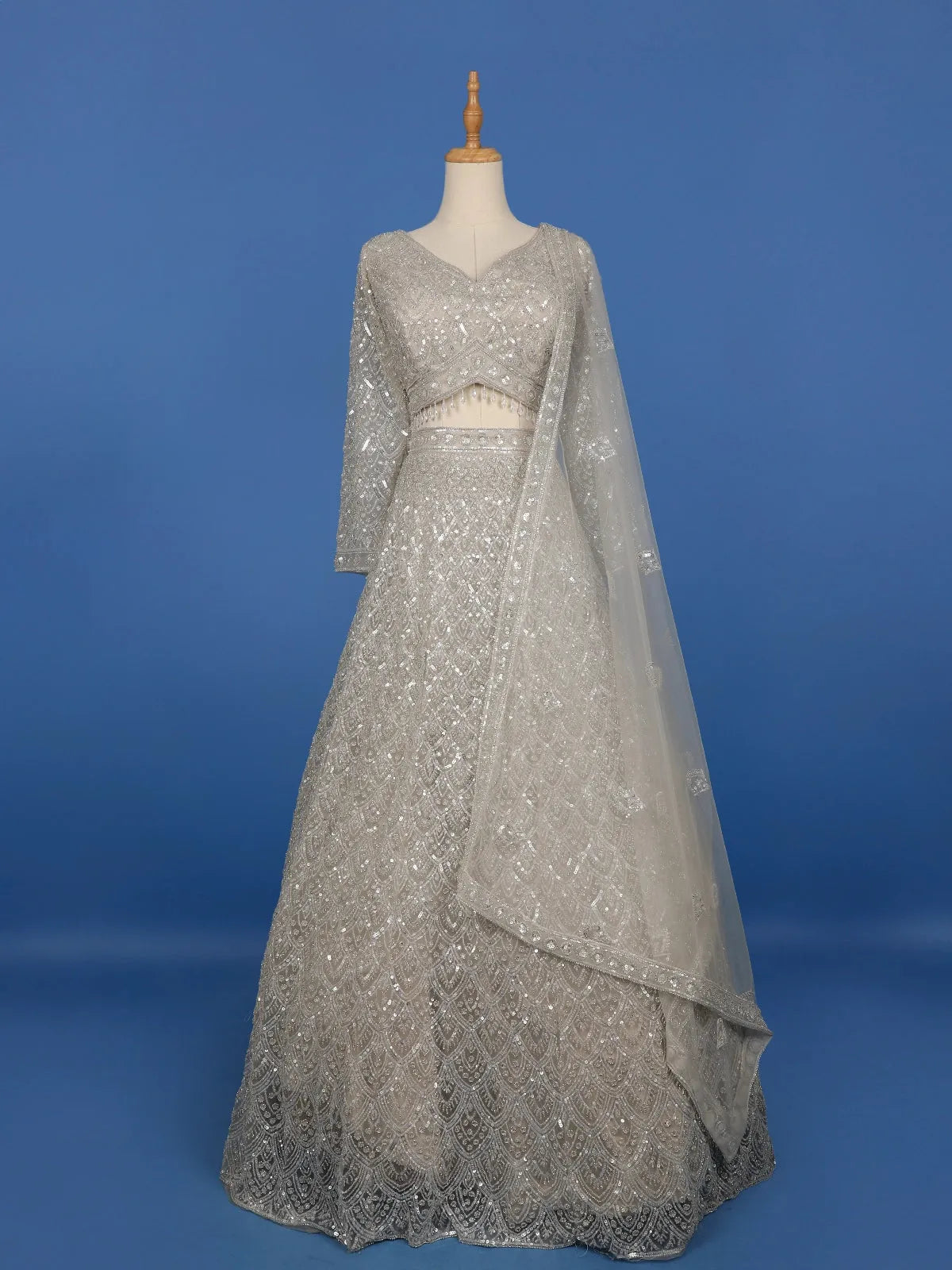 Silver Grey Floral And Sequins Embroidered Net Bridal Lehenga - Diadem