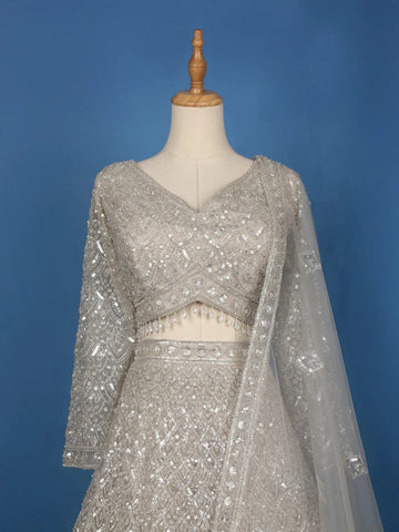 Silver Grey Floral And Sequins Embroidered Net Bridal Lehenga - Diadem