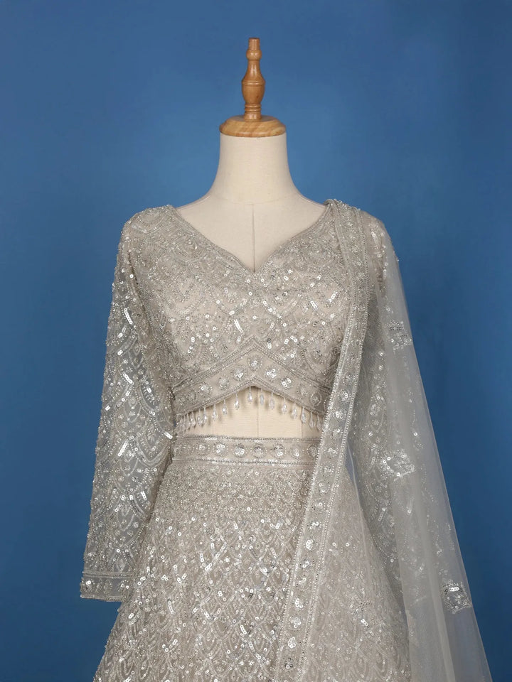Silver Grey Floral And Sequins Embroidered Net Bridal Lehenga - Diadem
