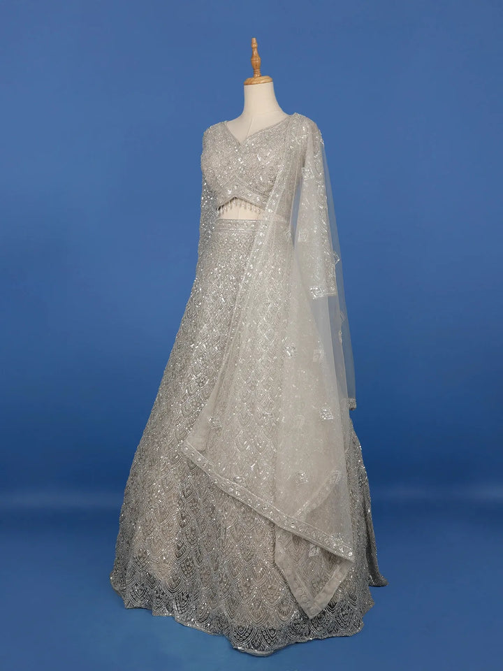 Silver Grey Floral And Sequins Embroidered Net Bridal Lehenga - Diadem