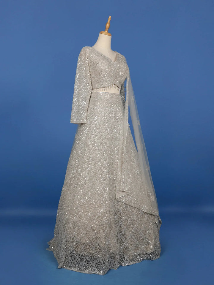 Silver Grey Floral And Sequins Embroidered Net Bridal Lehenga - Diadem