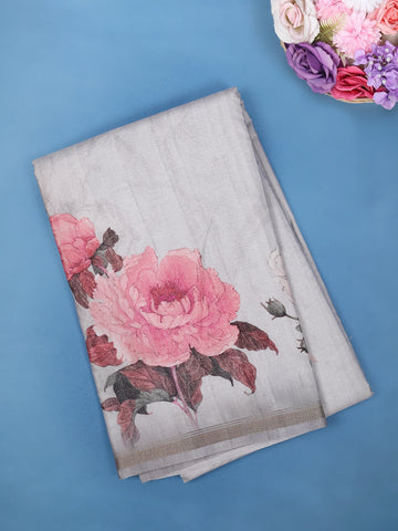 Silver Grey Floral Design Printed Cotton Saree - Diadem