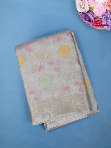 Silver Grey Floral Design Tissue Silk Saree - Diadem
