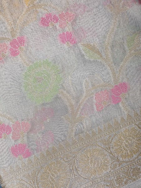 Silver Grey Floral Design Tissue Silk Saree - Diadem