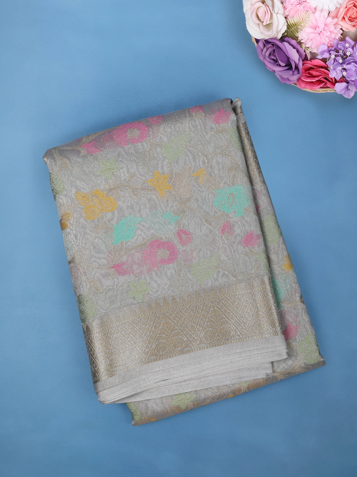 Silver Grey Floral Design Woven Tissue Silk Saree - Diadem