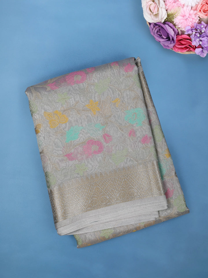 Silver Grey Floral Design Woven Tissue Silk Saree - Diadem