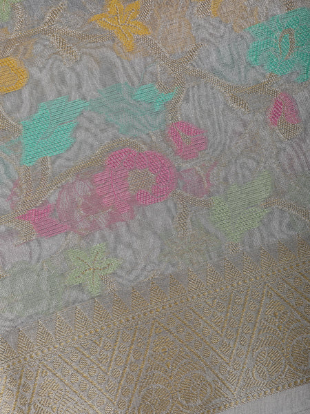 Silver Grey Floral Design Woven Tissue Silk Saree - Diadem