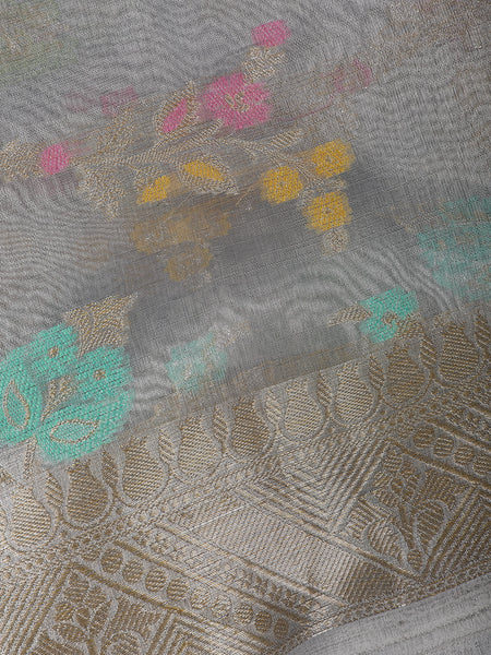 Silver Grey Floral Design Zari Work Tissue Silk Saree - Diadem