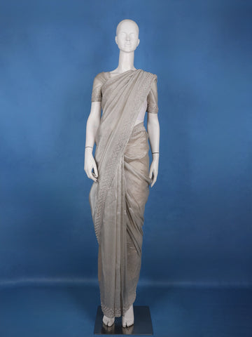 Silver Grey Sequins Beaded Embllishment Organza Saree - Diadem