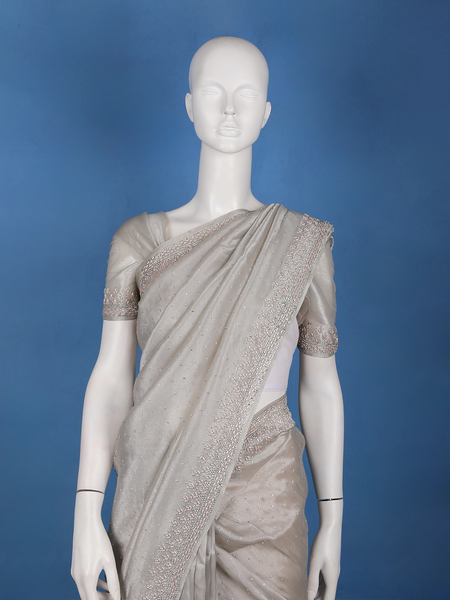 Silver Grey Sequins Beaded Embllishment Organza Saree - Diadem