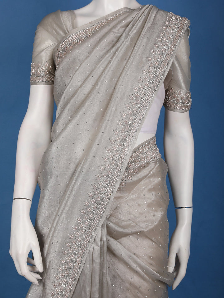 Silver Grey Sequins Beaded Embllishment Organza Saree - Diadem