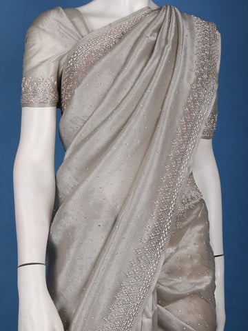 Silver Grey Sequins Beaded Embllishment Organza Saree - Diadem