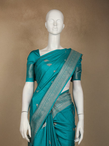 Sky Blue Bird Design Raw Silk Saree - Diadem