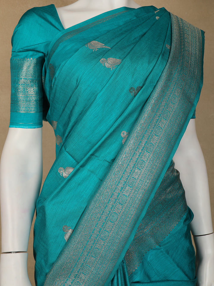 Sky Blue Bird Design Raw Silk Saree - Diadem